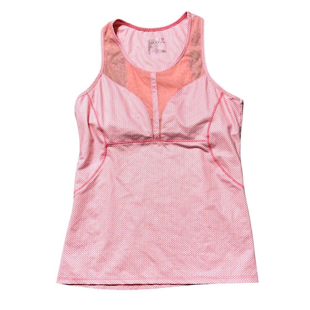 Lucky In Love Women's Sz M Diamond Print Patch Me If You Can Tank Top Activewear